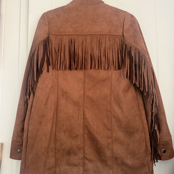 Embroidered Tan Leather Jacket with Fringe - Picture 2 of 3
